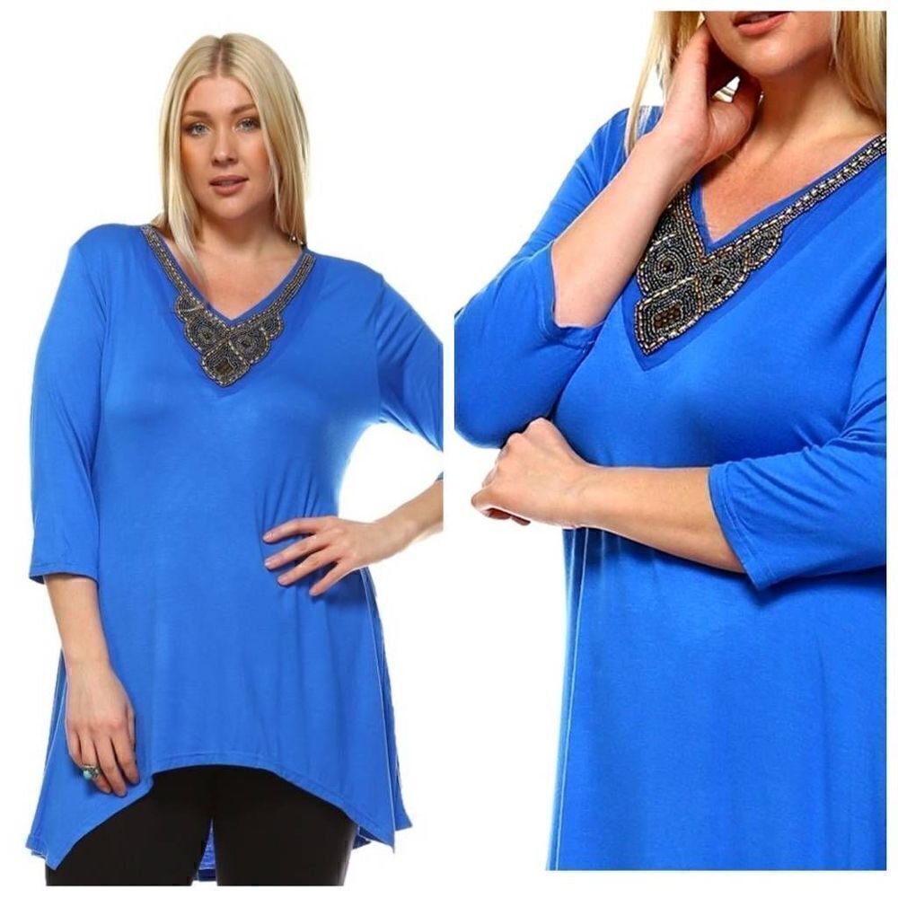 White Mark Embellished V-Neck Luna Tunic Top Blue Royal Size 2XL